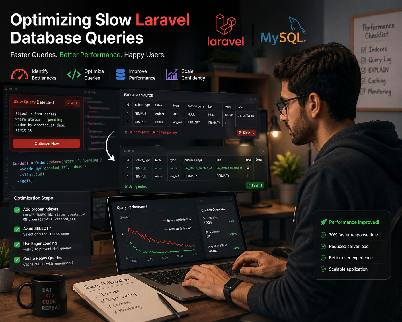 Developer optimizing slow Laravel database queries